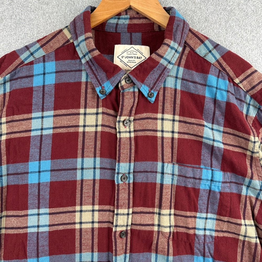 St Johns Bay Flannel Shirt Mens XL Red Blue Plaid Super Soft Button Down
